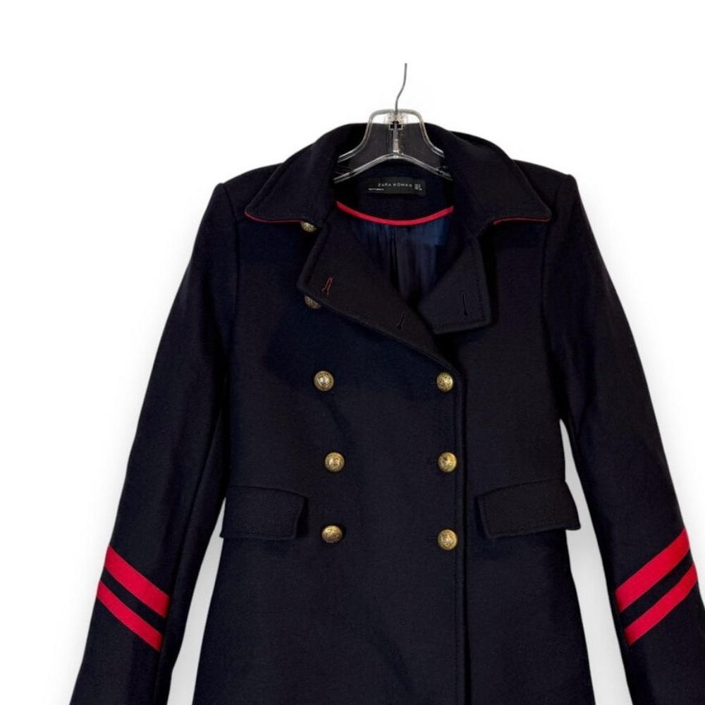 Zara Blue and Red Pea Coat with Military-Inspired Design
